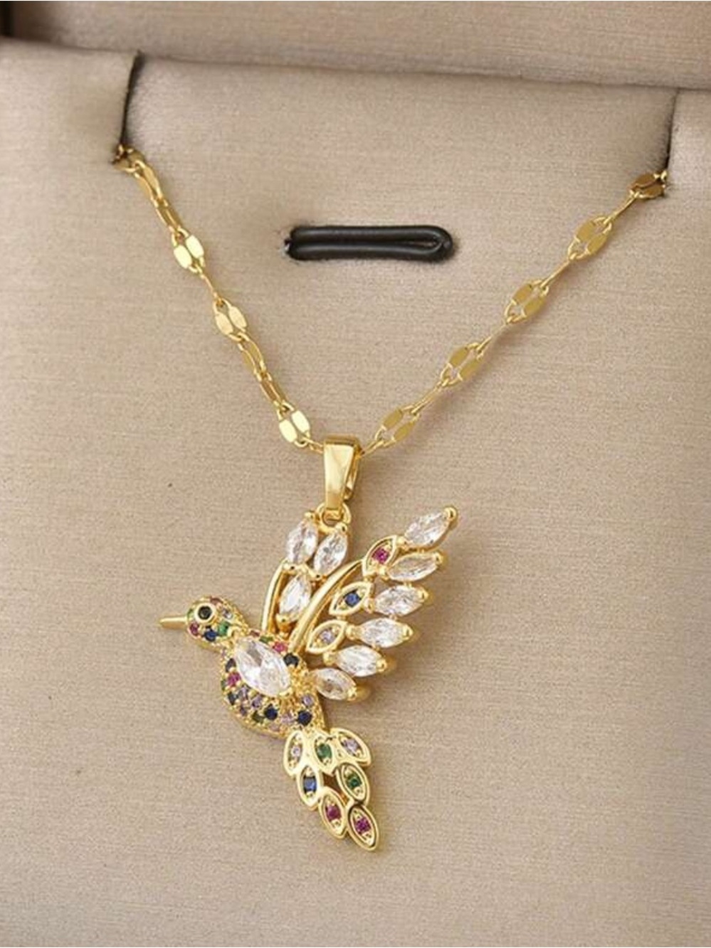 Gold Hummingbird Pendant Necklace with Multicolor Stones